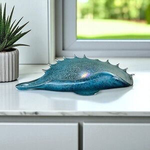 Vintage Mid Century Murano Blue Conch Shell Hand Blown Glass Bowl